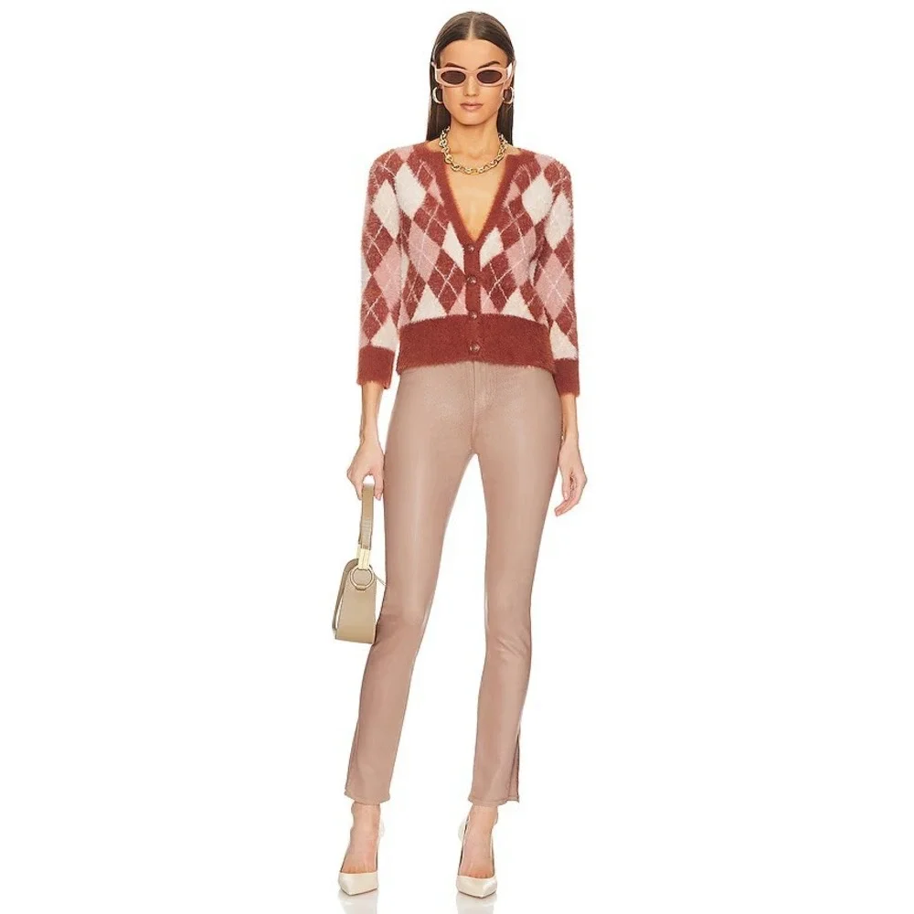 NWT L'AGENCE Saylor Cardigan Sz XXS Red Pink Argyle Fuzzy Eyelash Knit Chic Sexy